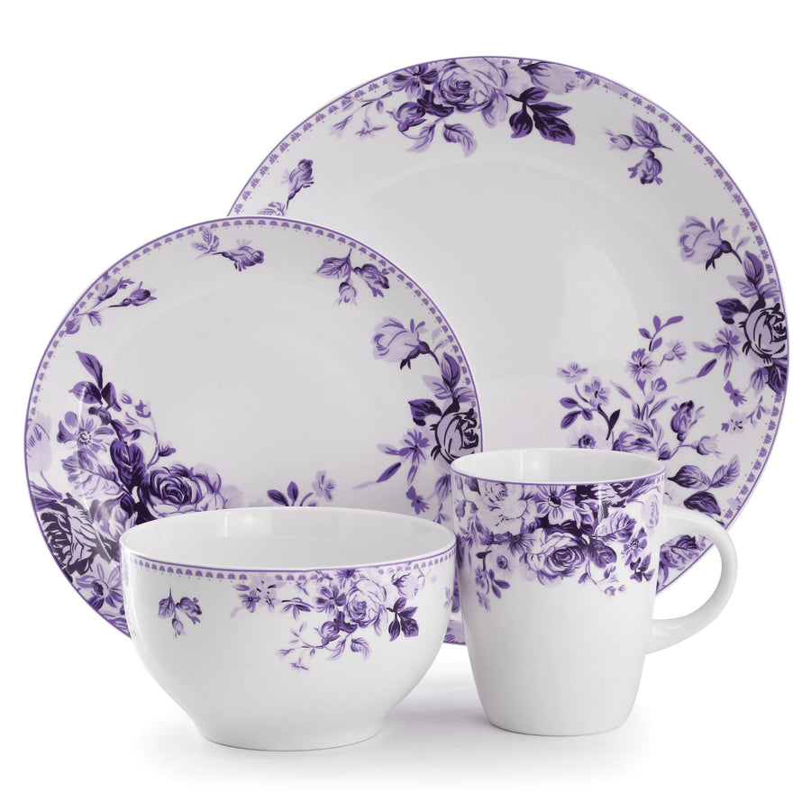 Elama Traditional Rose 16-Piece Purple Stoneware Dinnerware Set - Service for 4