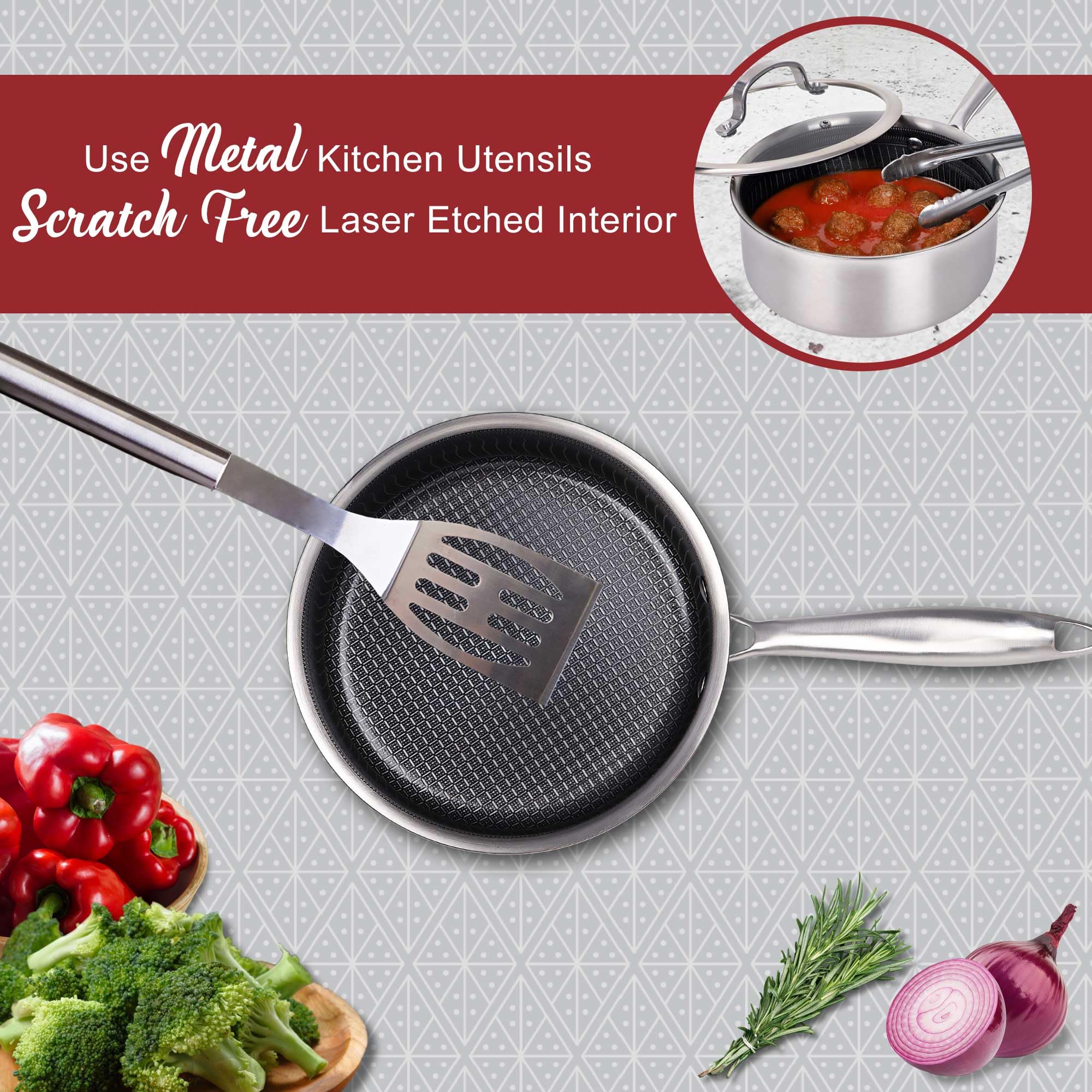 Brentwood B-SPH20L 3 Quart 3-Ply Hybrid Non-Stick Stainless Steel Saucepan with Tempered Glass Lid - Induction Ready, Oven Safe to 570F