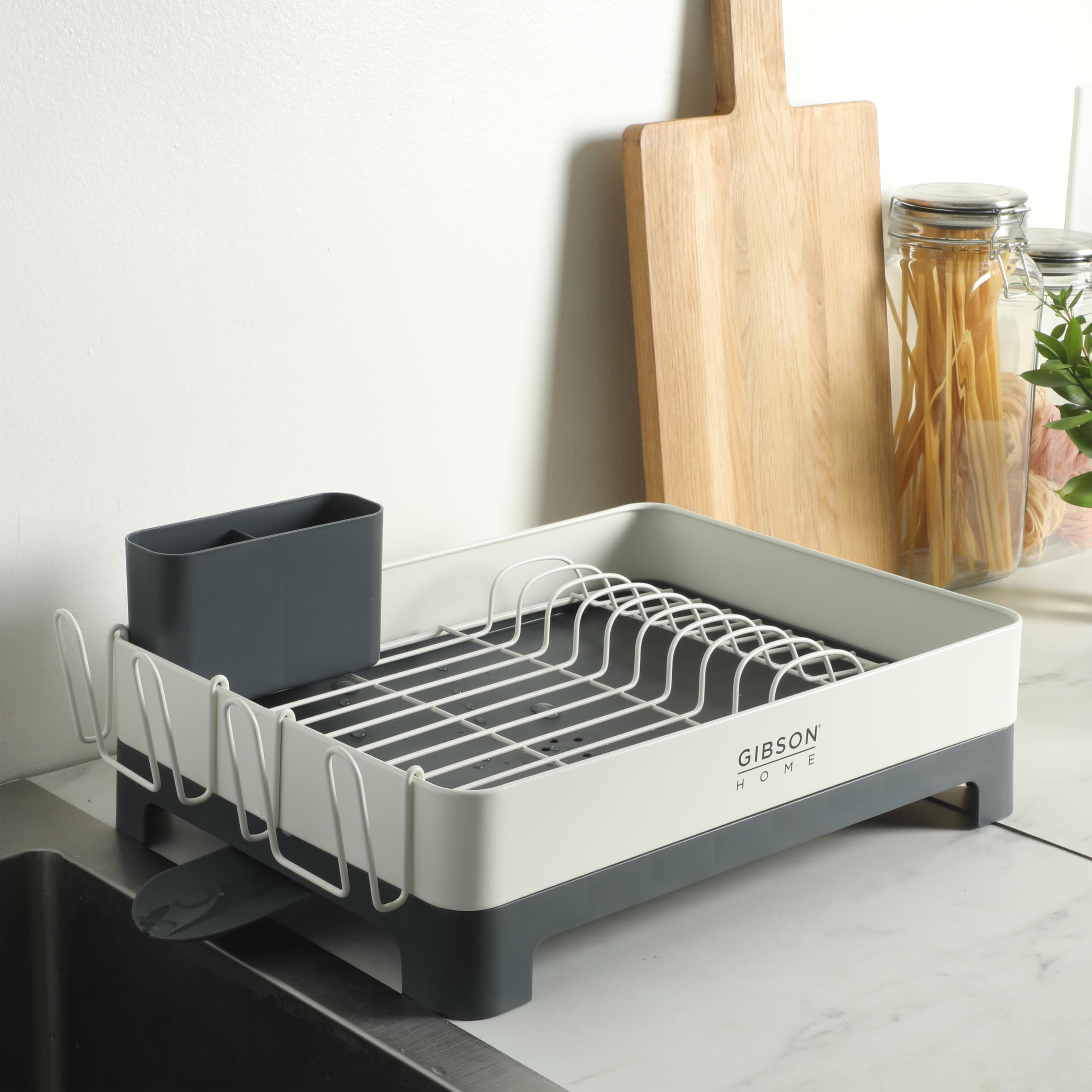 Gibson Home Nestcraft Stainless Steel Dish Rack with Swivel Drain Spout, White