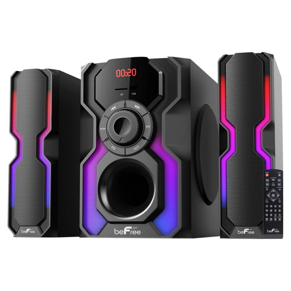 beFree Sound BFS-A102 2.1 channel shelf stereo system with subwoofer and two LED satellite speakers in black and silver