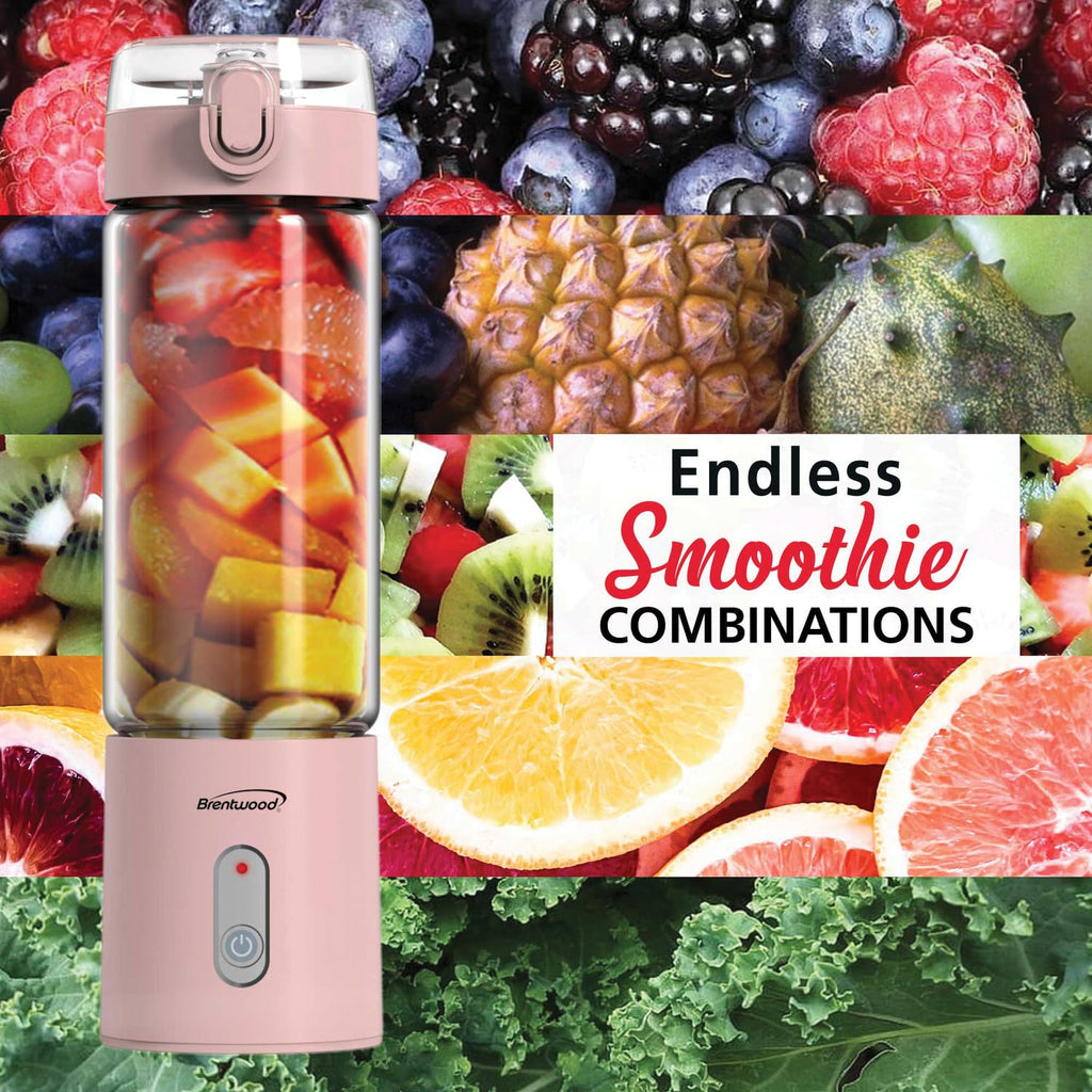 Brentwood RJB-100PK 17oz Portable USB-Rechargeable Glass Blender, Pink - Cordless Personal Smoothie Blender