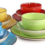 Elama Mason 12-Piece Double Bowl Stoneware Dinnerware Set – Assorted Yellow, Turquoise, Lime & Red (Service for 4)