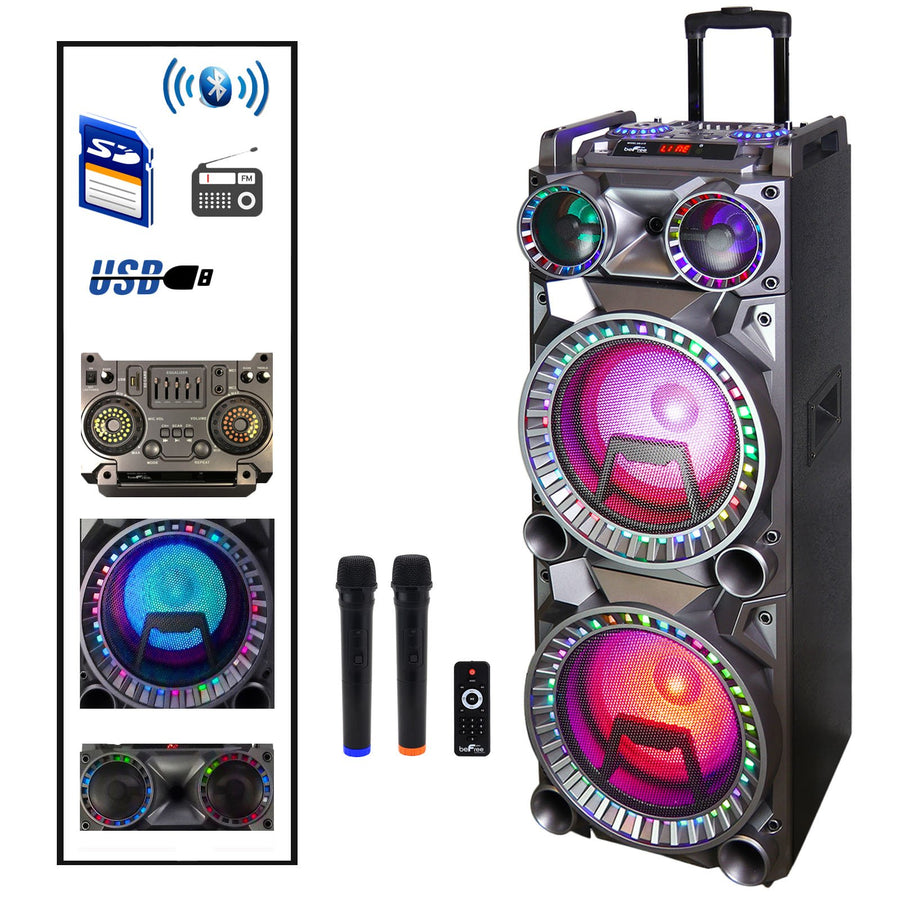 beFree Sound BFS-K10 700W Dual 10 Inch Bluetooth Party Speaker with 2 Wireless Mics, Sound-Reactive Lights & Rechargeable Battery