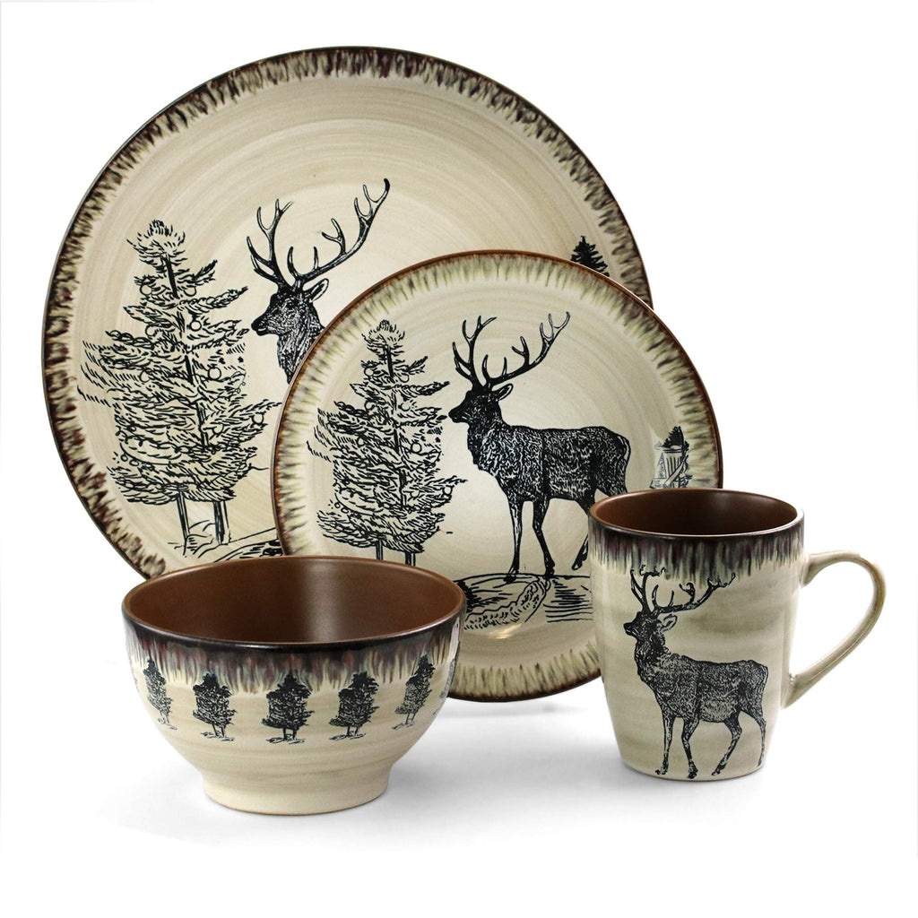 Elama Majestic Elk 16-Piece Round Stoneware Dinnerware Set – Taupe Wildlife Service for 4