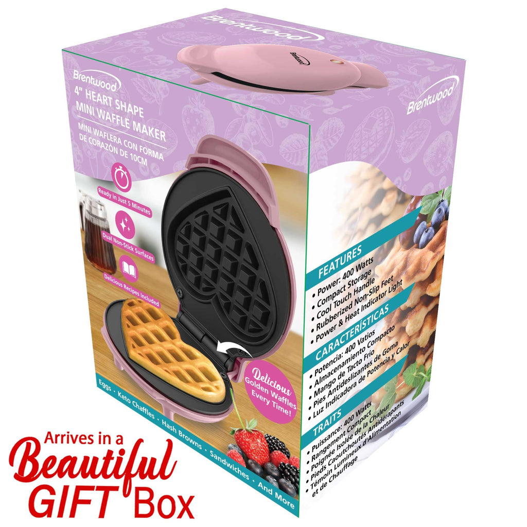 Brentwood TS-2144PK Non-Stick Heart Shaped 4 Inch Mini Waffle Maker - Pink, 400W