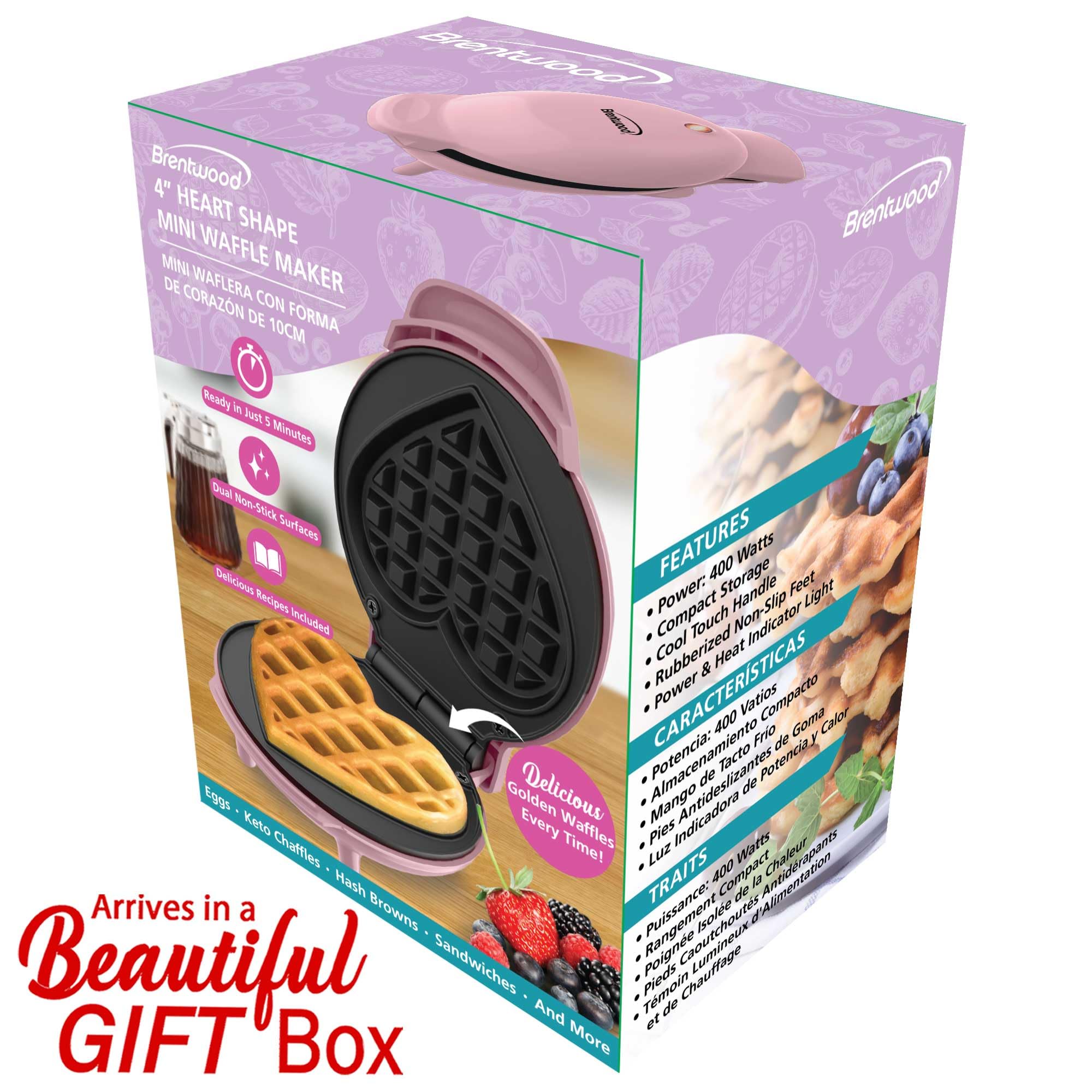Brentwood TS-2144PK Non-Stick Heart Shaped 4 Inch Mini Waffle Maker - Pink, 400W