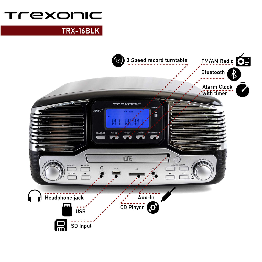 Trexonic TRX-16 Retro Bluetooth Turntable & CD Player – 3-Speed Vinyl, AM/FM Radio, USB Recording, Black