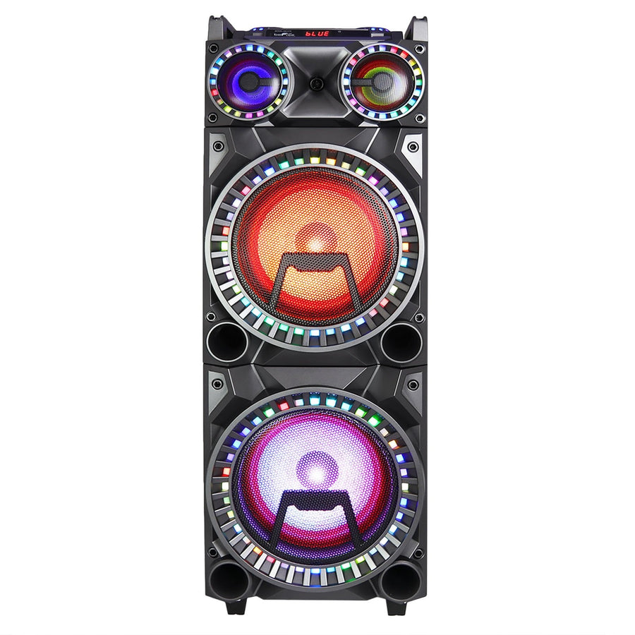 beFree Sound BFS-K10 700W Dual 10 Inch Bluetooth Party Speaker with 2 Wireless Mics, Sound-Reactive Lights & Rechargeable Battery