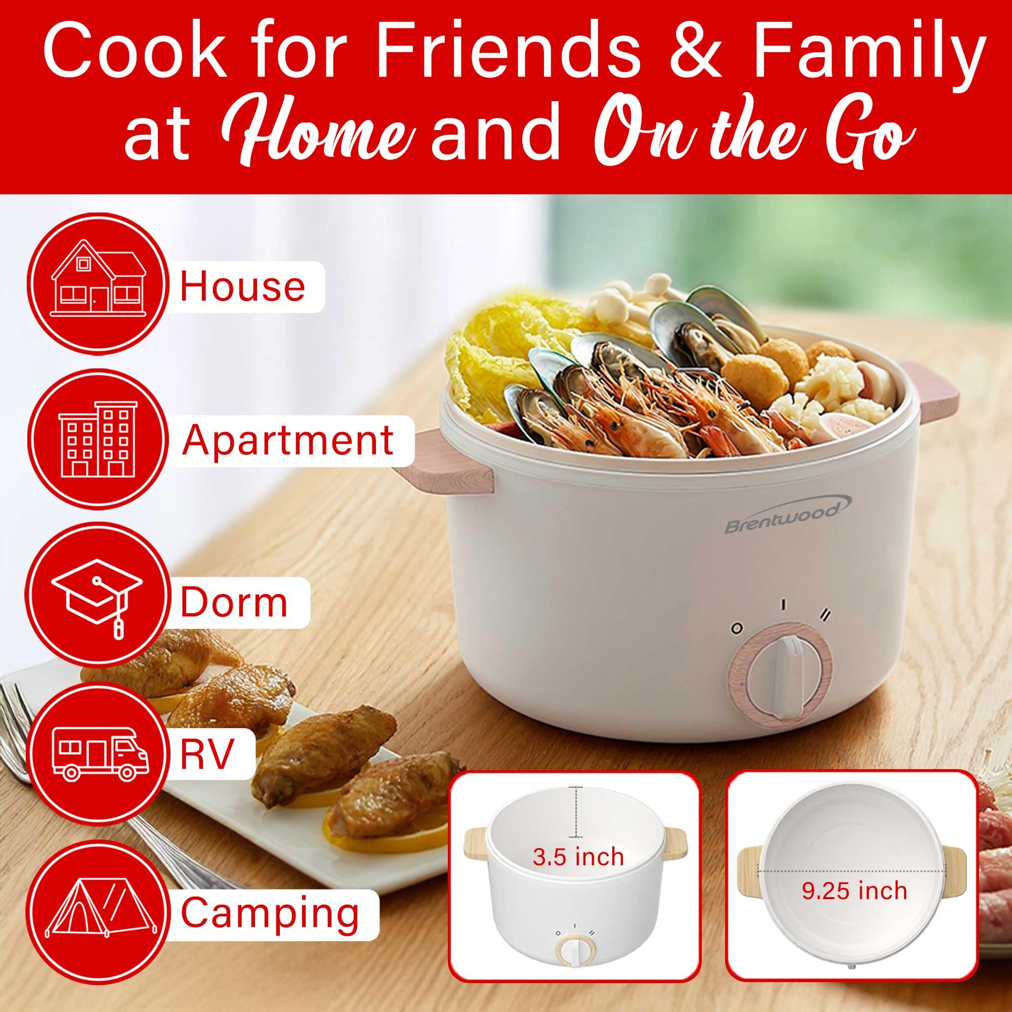 Brentwood HPS-3302W 3 Liter Multi-Function Electric Hot Pot Cooker - White, Ceramic Non-Stick with Stainless Steel Steamer Tray