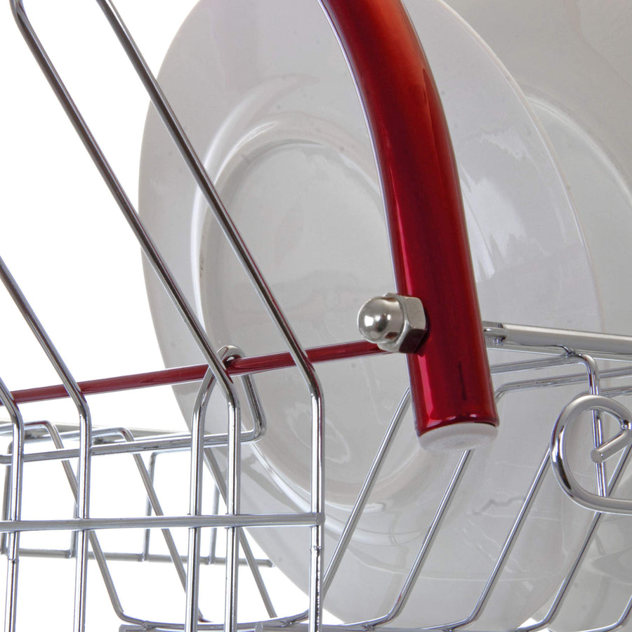 Close-up of the MegaChef dish rack red frame bolted to the silver wire plate tier with a plate standing in the slots