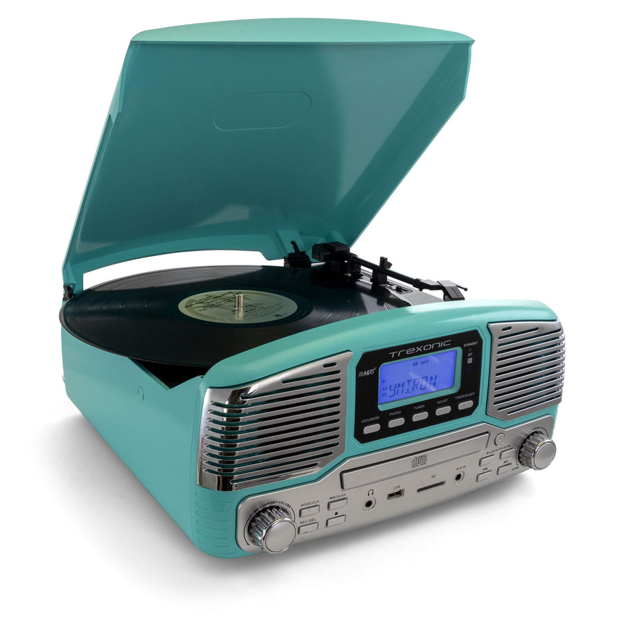 Trexonic Retro Record Player with Bluetooth, CD Player & 3-Speed Turntable, Turquoise