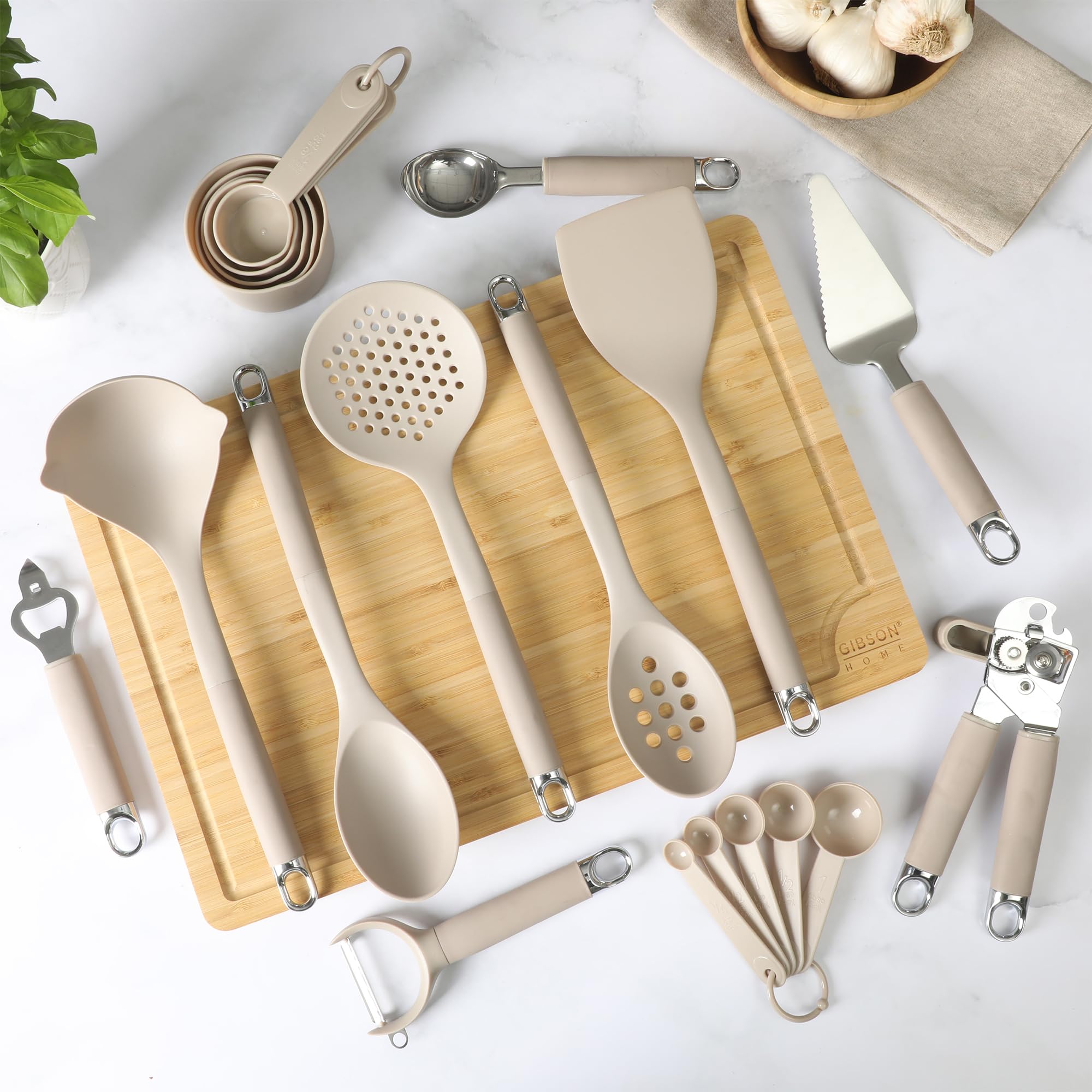 Gibson Home Burchette 20-Piece Nylon Kitchen Gadget & Tool Set, Taupe - Non-Stick Safe, with Measuring Cups & Spoons