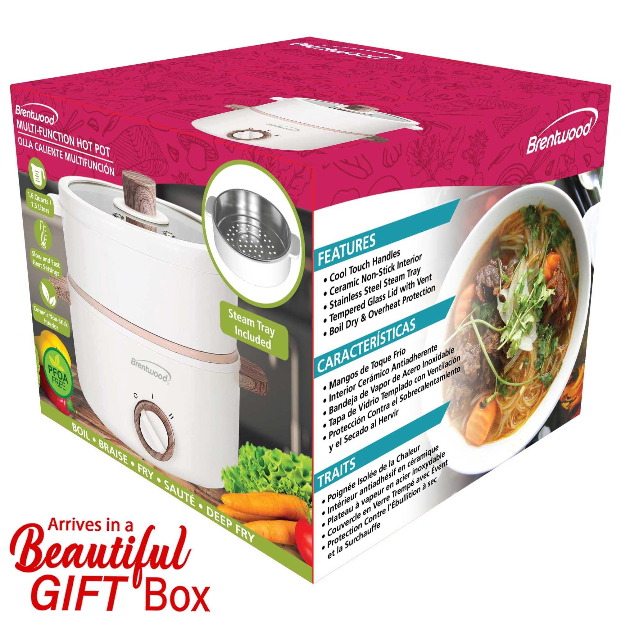 Brentwood 1.5-Liter Multi-Function Electric Hot Pot Cooker with Steamer, White