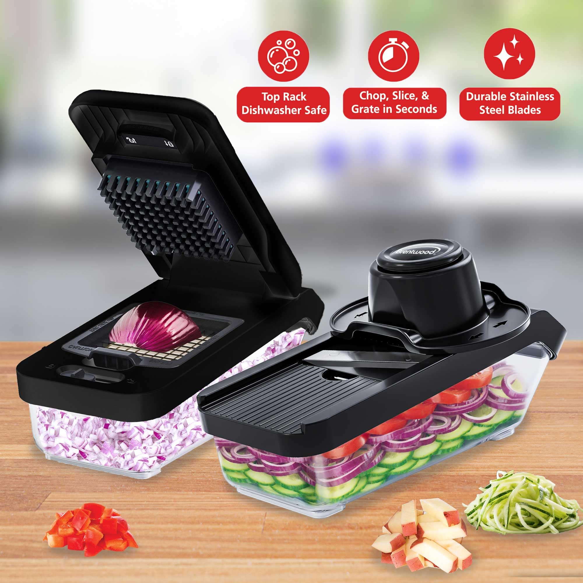 Brentwood All-in-One 4.25-Cup Food Chopper, Mandoline Slicer & Cheese Grater – 8 Interchangeable Stainless Steel Blades