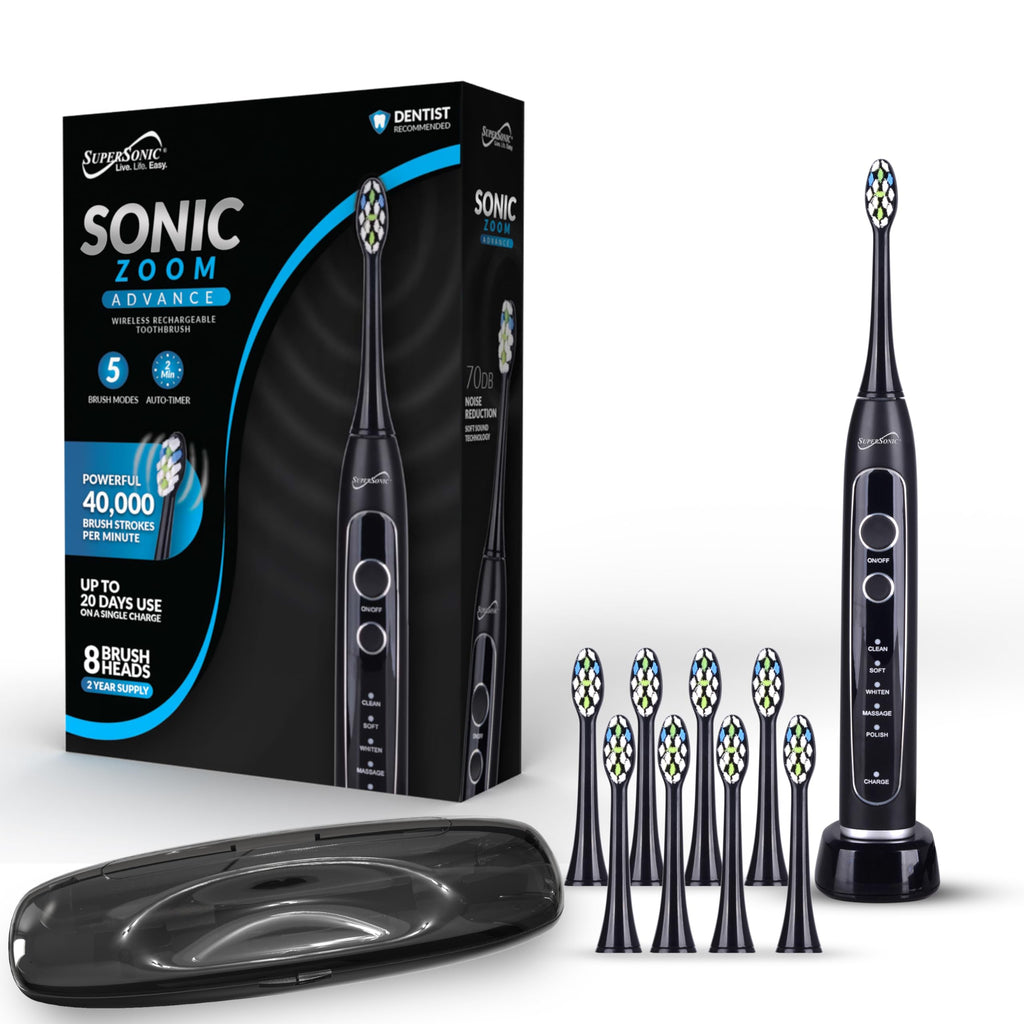 SuperSonic Sonic Zoom Advance Rechargeable Sonic Toothbrush – Black, 40,000 VPM with 5 Modes, 8 Brush Heads & Travel Case