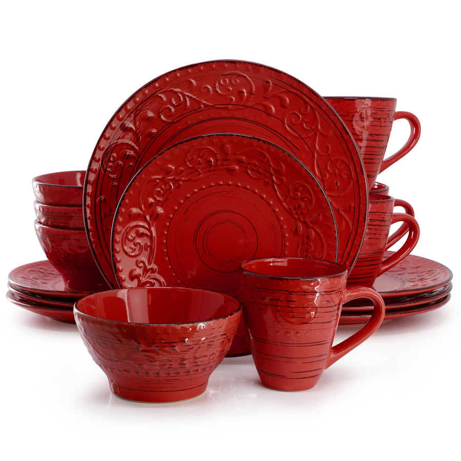Elama Malibu Ocean Bloom 16-Piece Stoneware Dinnerware Set, Reactive Glaze Red - Service for 4