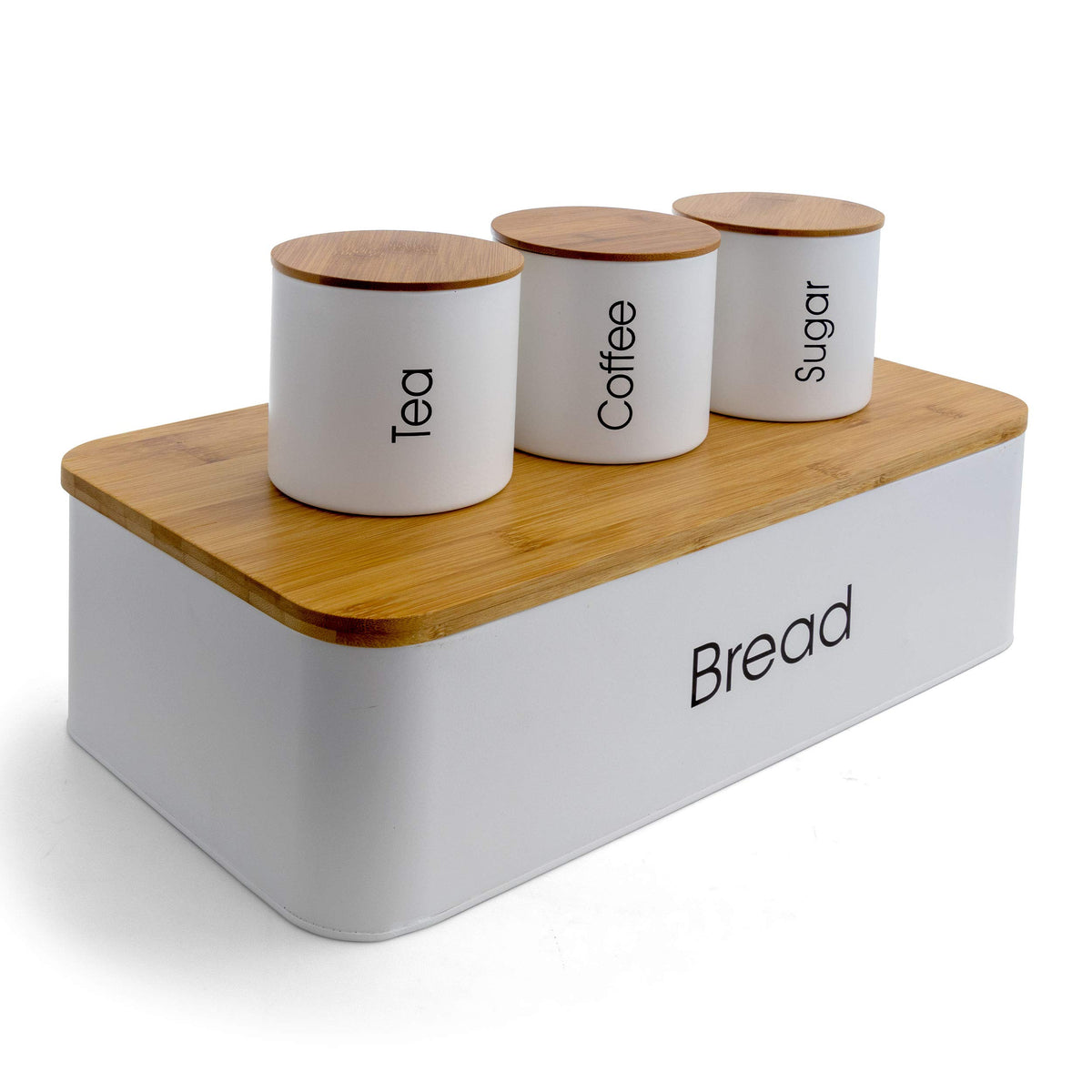 Kitchen Canister Set with Bread Box, 4-Piece with Bamboo Lids, Matte White, by MegaChef