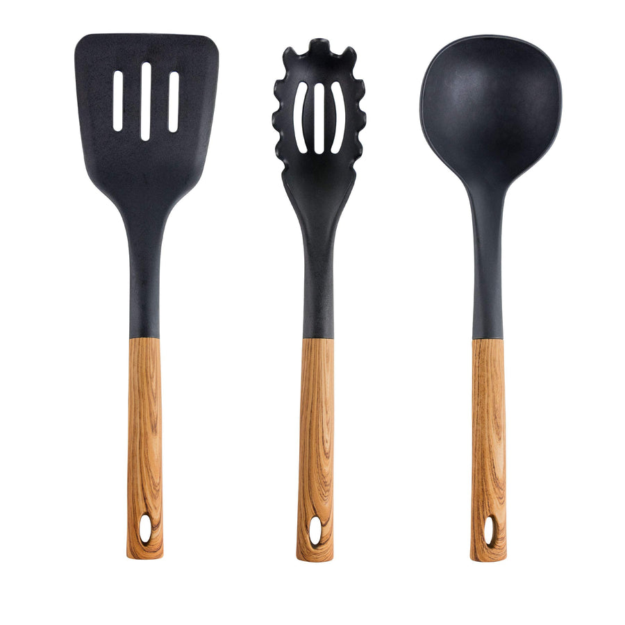 Black nylon slotted turner, pasta spoon and ladle with wood-look handles
