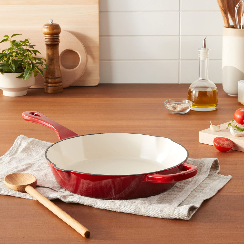 Crock-Pot 10 Inch Enameled Cast Iron Skillet with Handles - Ideal for Searing, Roasting, Frying - Even Heat Distribution, Pour Spouts - Oven-Safe & Stovetop Safe (Red)