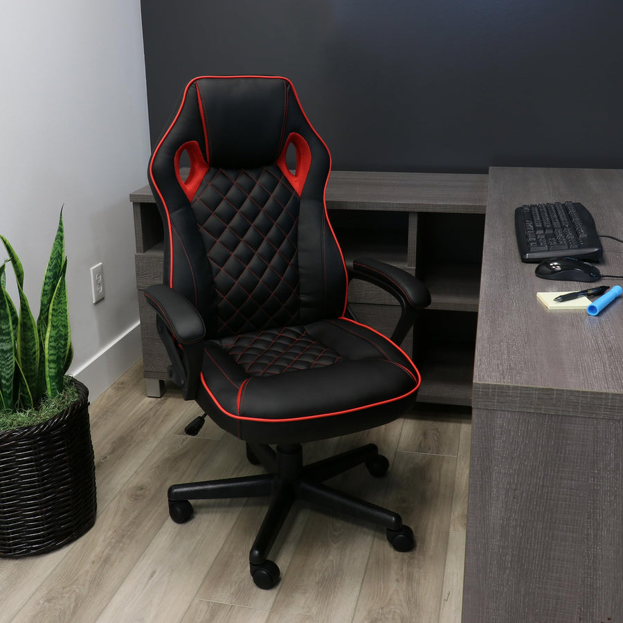 Elama Adjustable Swivel Office and Gaming Chair, Black and Red, Padded Faux Leather, 250 lb