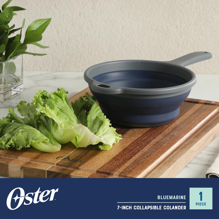 Oster Bluemarine 7 Inch Collapsible Colander with Handle, Blue and Grey