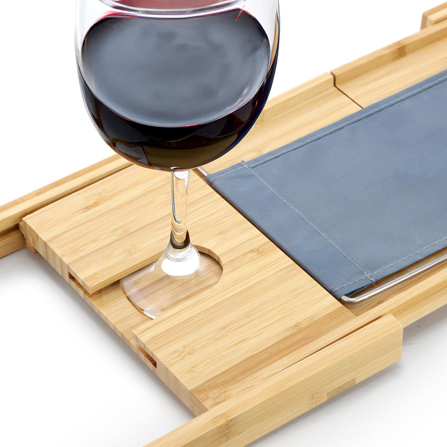 Elama Expandable Bamboo Bath Tray, Adjustable Bathtub Caddy with Book and Tablet Holder, Wine Glass Slot and Spa Accessory Compartments