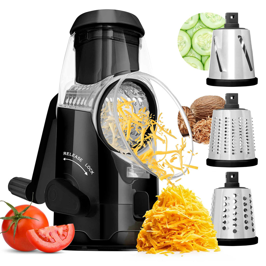 Brentwood KA-5060BK Rotary Cheese Grater & Slicer with 3 Stainless Drum Blades, Black