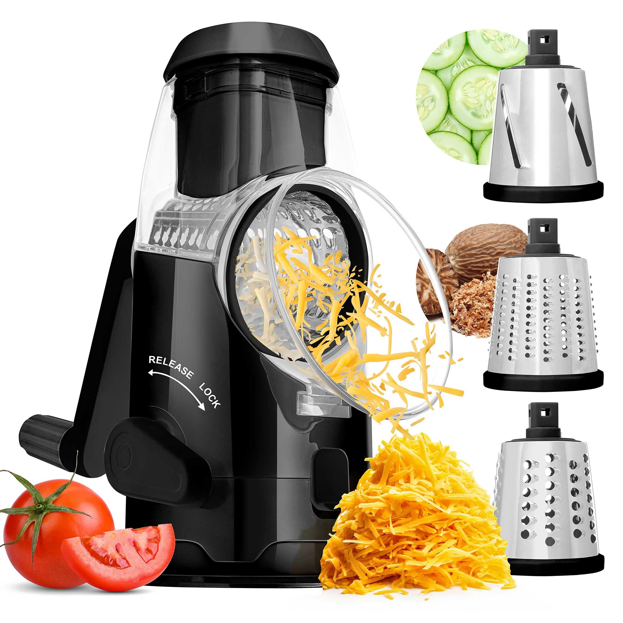 Brentwood KA-5060BK Rotary Cheese Grater & Slicer with 3 Stainless Drum Blades, Black