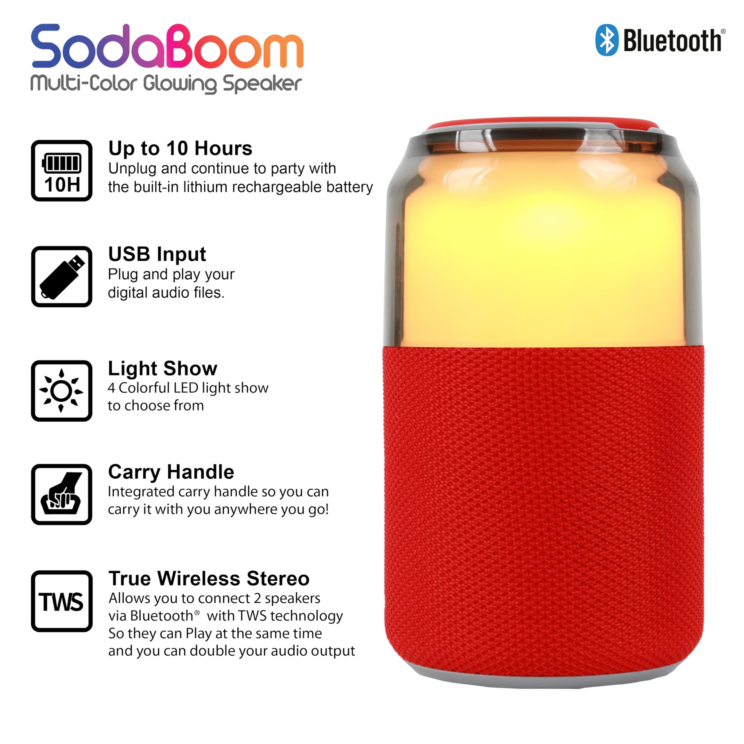 Supersonic SodaBoom SC-2335BT Multi-Color Glowing Bluetooth Speaker, Red LED
