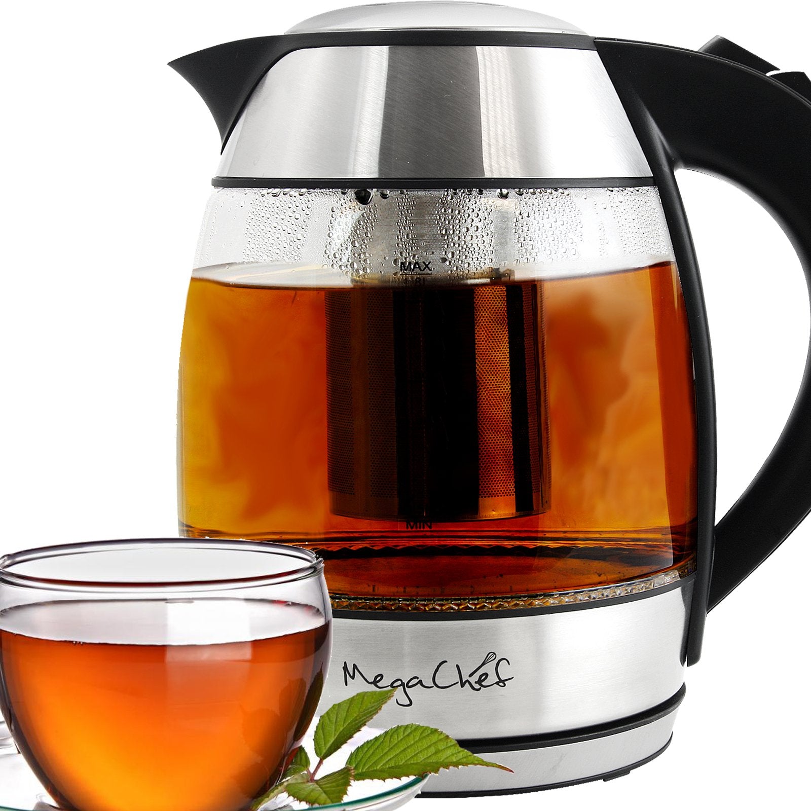 Megachef 1.8L Glass Electric Tea Kettle with Removable Tea Infuser, Cordless Borosilicate Kettle with Auto Shut-Off
