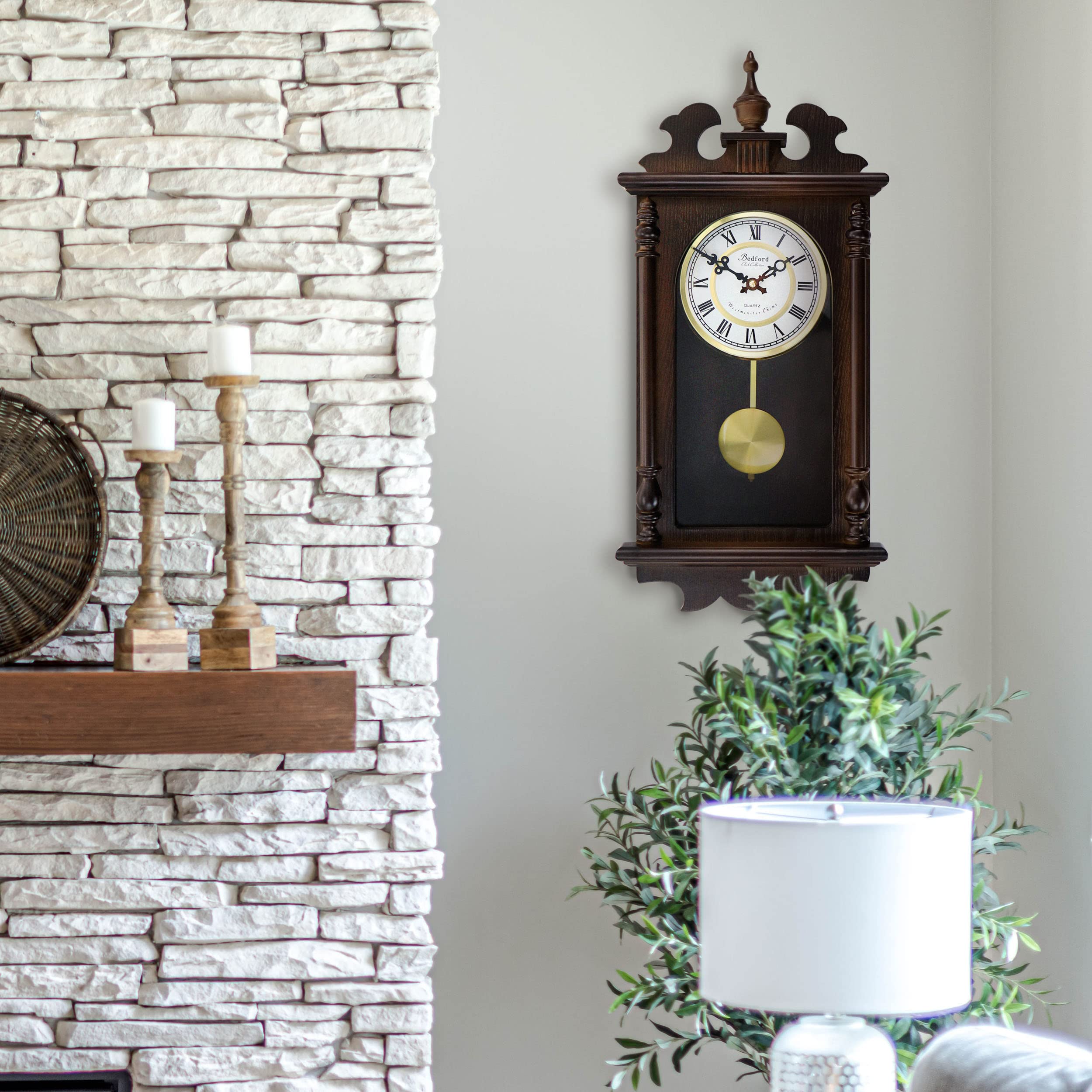 Bedford Clock Collection Leo 21" Chestnut Wood Chiming Pendulum Wall Clock – Quartz Westminster Chimes with Swinging Pendulum & Roman Numeral Dial