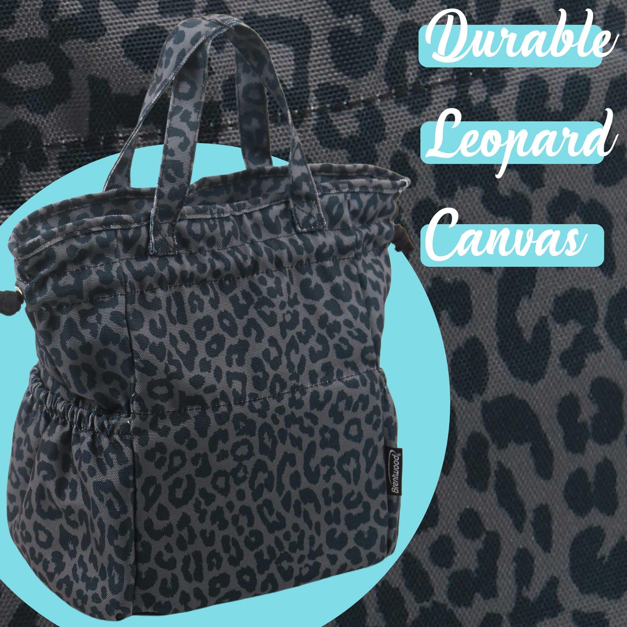 Brentwood CB-2025LGRY Large 10L Insulated Canvas Lunch Tote Cooler Bag - Leopard Grey, 12-Can Capacity with 2 Pockets