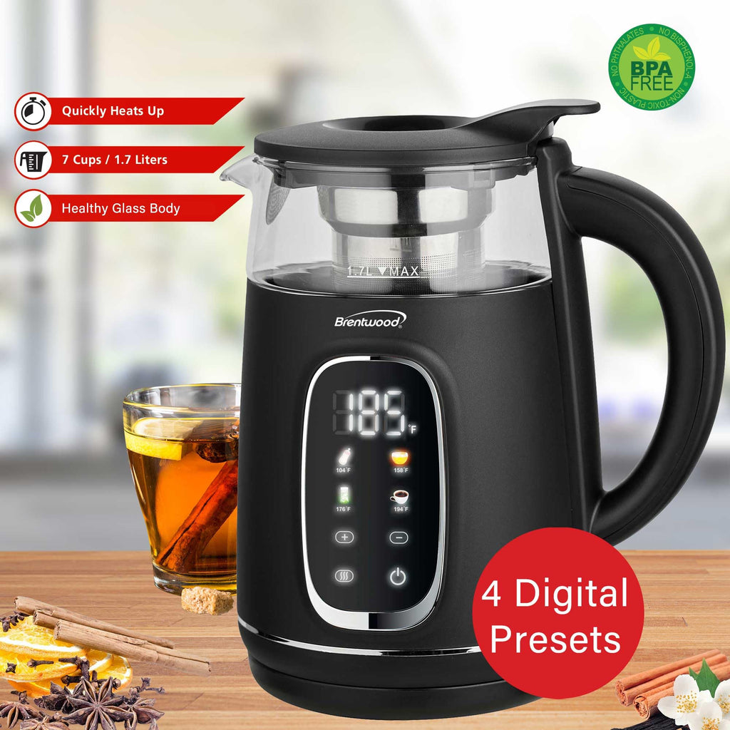 Brentwood KT-2018BK 1.7L 1100W Digital Glass Electric Kettle with Stainless Tea Infuser - Black
