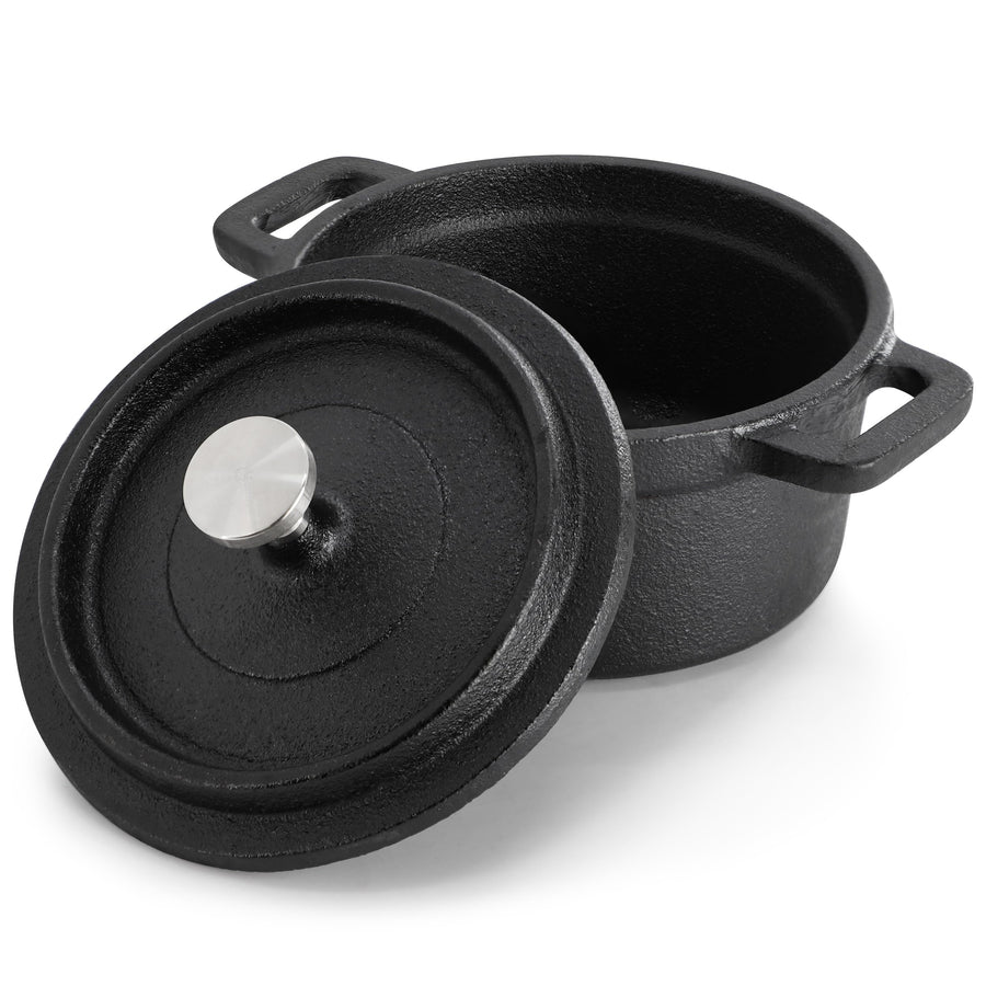 MegaChef 8 oz Pre-Seasoned Cast Iron Mini Dutch Oven with Birch Wood Serving Tray