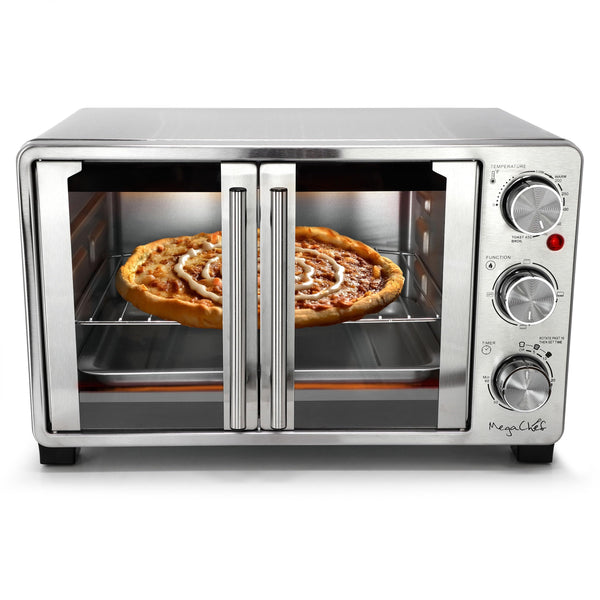 MegaChef 26.4 quart French door stainless steel countertop toaster oven with dial controls