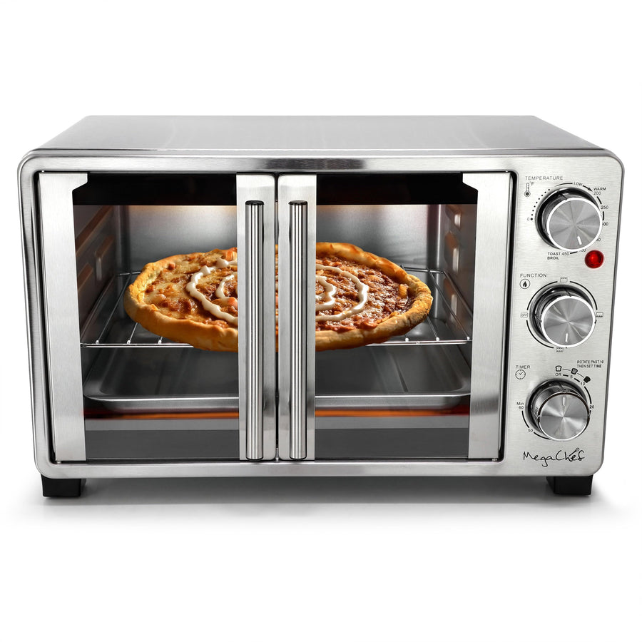 MegaChef 26.4 quart French door stainless steel countertop toaster oven with dial controls