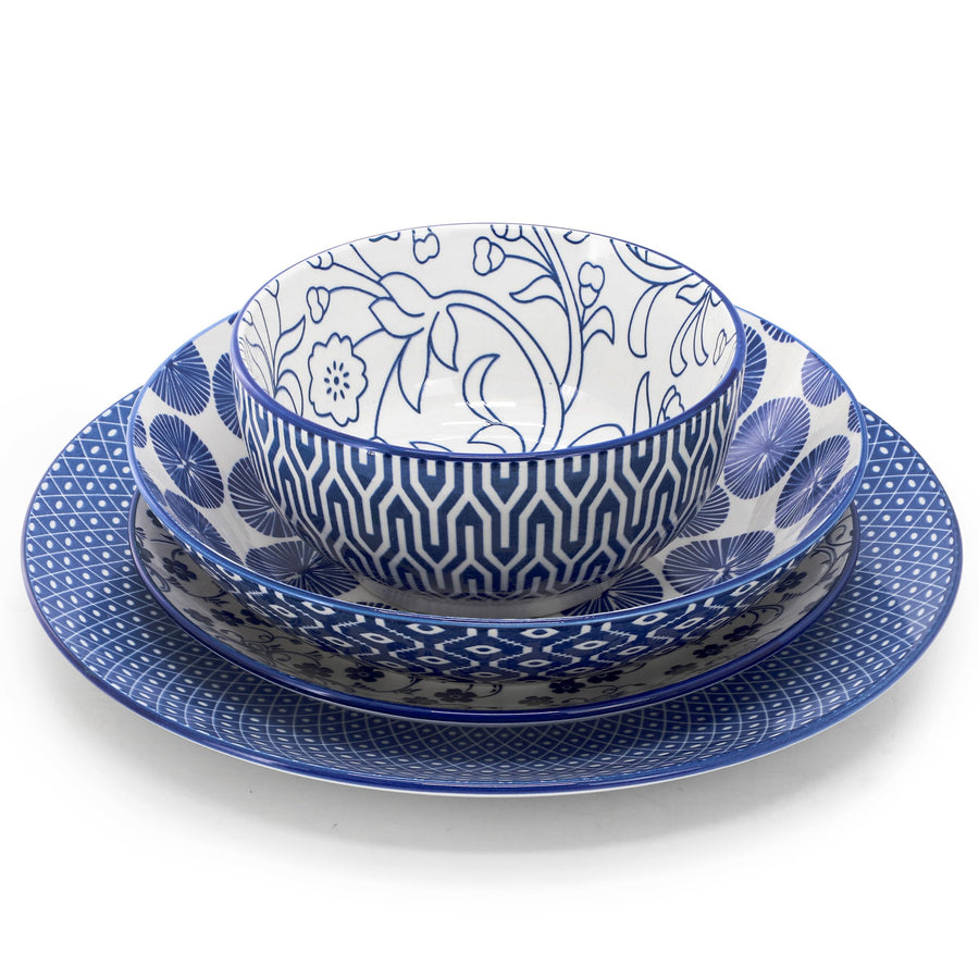 Elama Aurora 16 Piece Double Bowl Porcelain Dinnerware Set in Blue