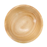 Top view inside a MegaChef 7 inch light acacia wood salad bowl showing the ring grain pattern and smooth rim