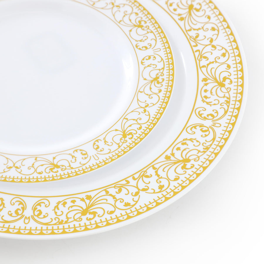 Elama 150 Piece Disposable Plastic Dinnerware Party Set, White with Gold Decal Trim