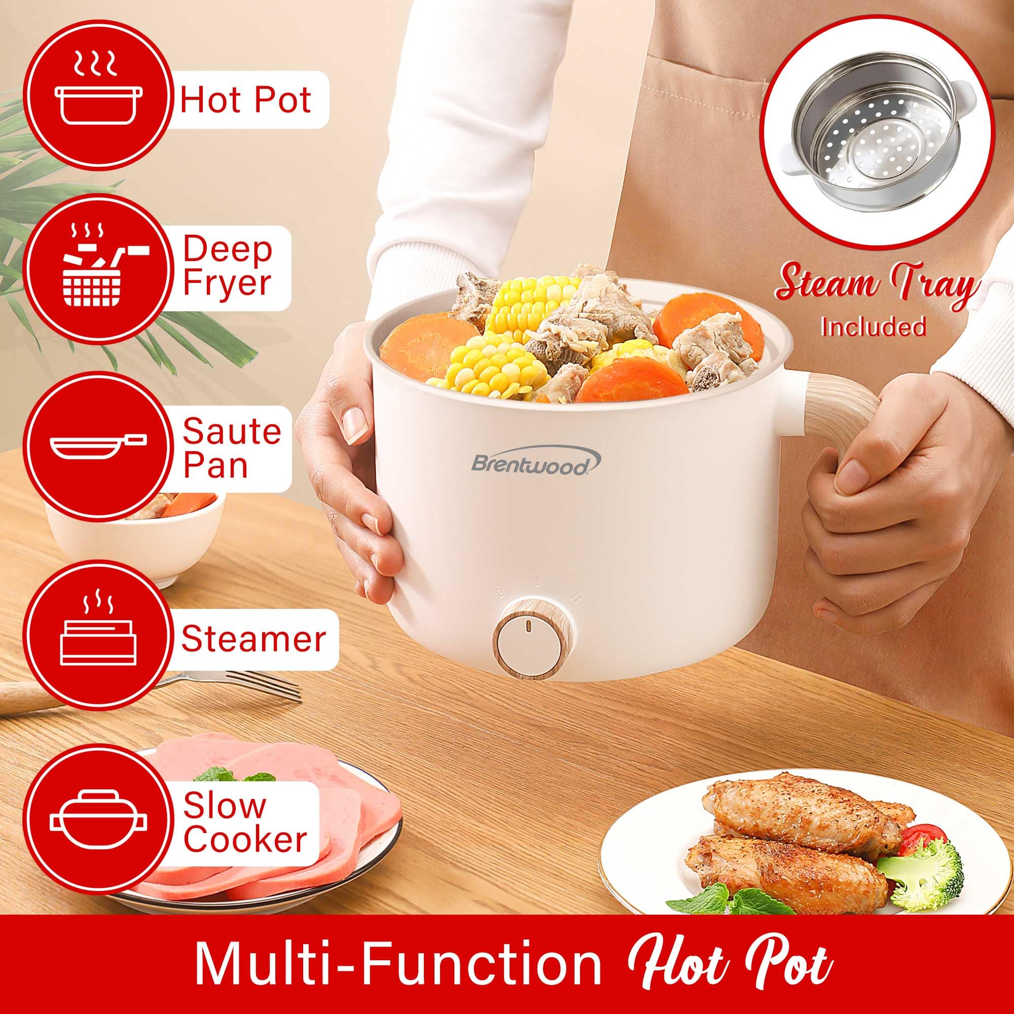 Brentwood HPS-3172W 1.5L Multi-Function Electric Hot Pot Cooker & Steamer, White - 600W Ceramic Non-Stick
