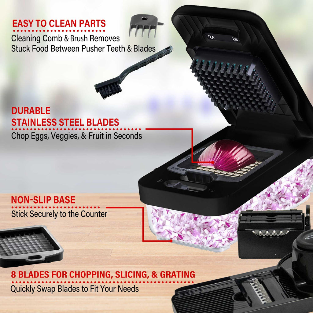 Brentwood All-in-One 4.25-Cup Food Chopper, Mandoline Slicer & Cheese Grater – 8 Interchangeable Stainless Steel Blades