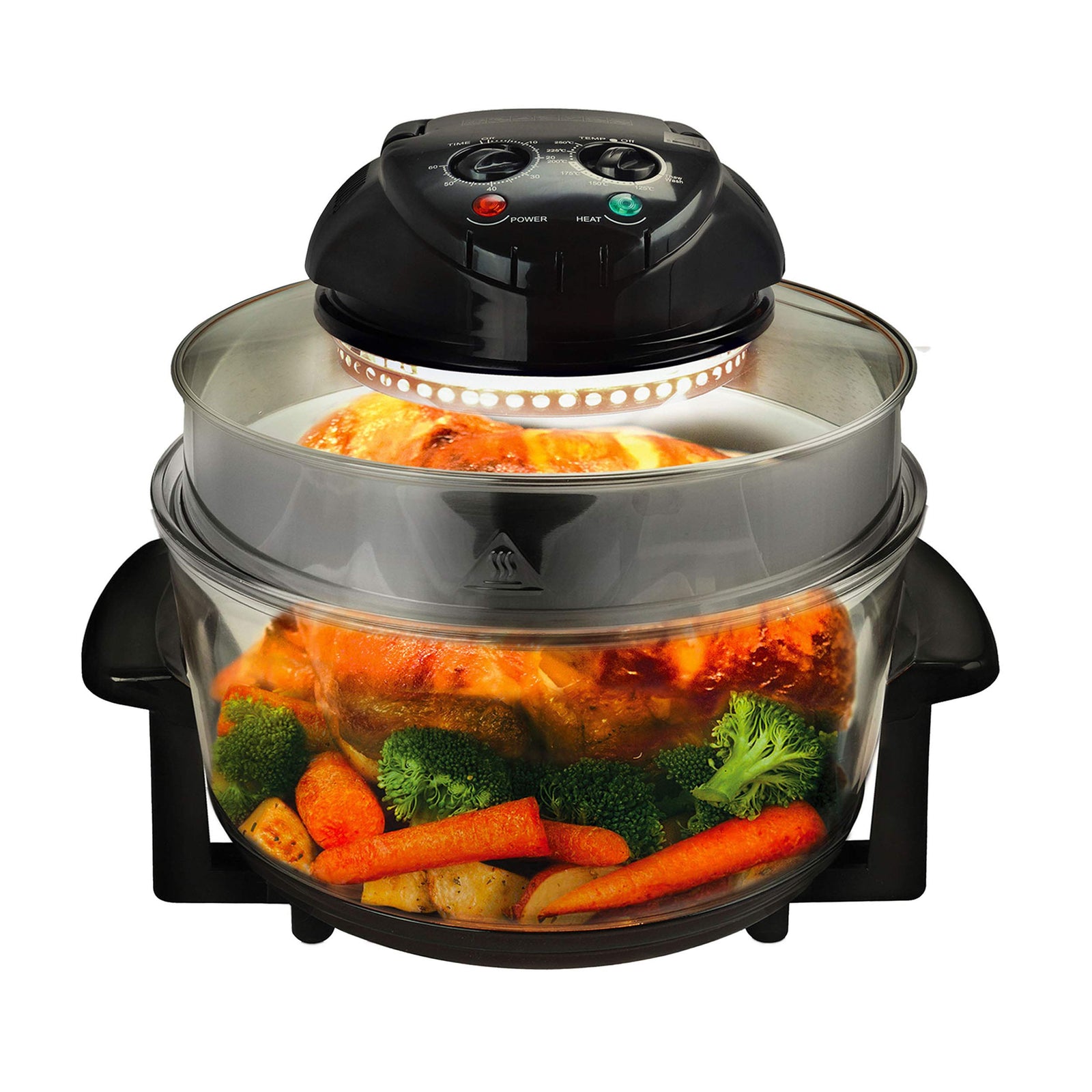 MegaChef Multipurpose Halogen Oven & Air Fryer, See-Through Glass Bowl Convection Cooker, Black