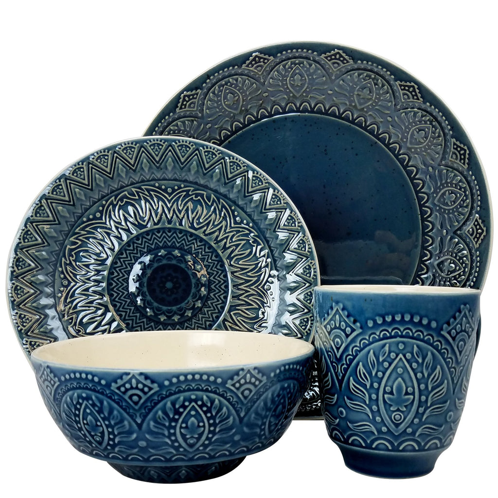 Elama Petra 16-Piece Bohemian Stoneware Dinnerware Set – Textured Service for 4