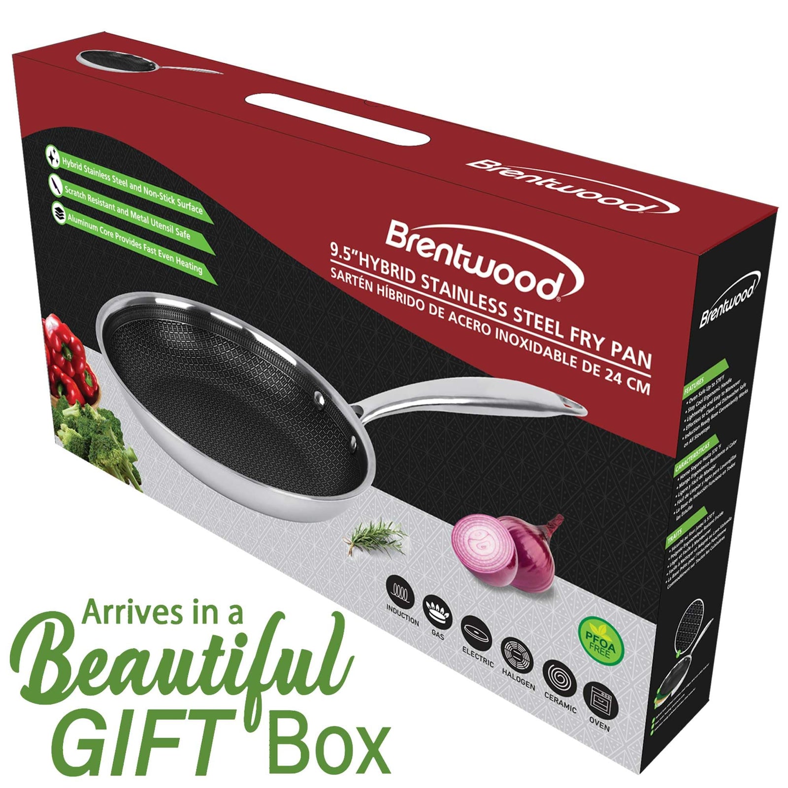 Brentwood B-FH24 9.5-Inch 3-Ply Hybrid Non-Stick Stainless Steel Induction-Ready Frying Pan