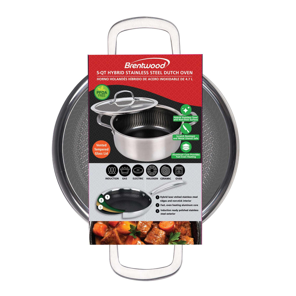 Brentwood B-DUH24L 5-Quart 3-Ply Hybrid Non-Stick Stainless Steel Dutch Oven with Tempered Glass Lid - Induction Ready, Oven Safe to 570°F