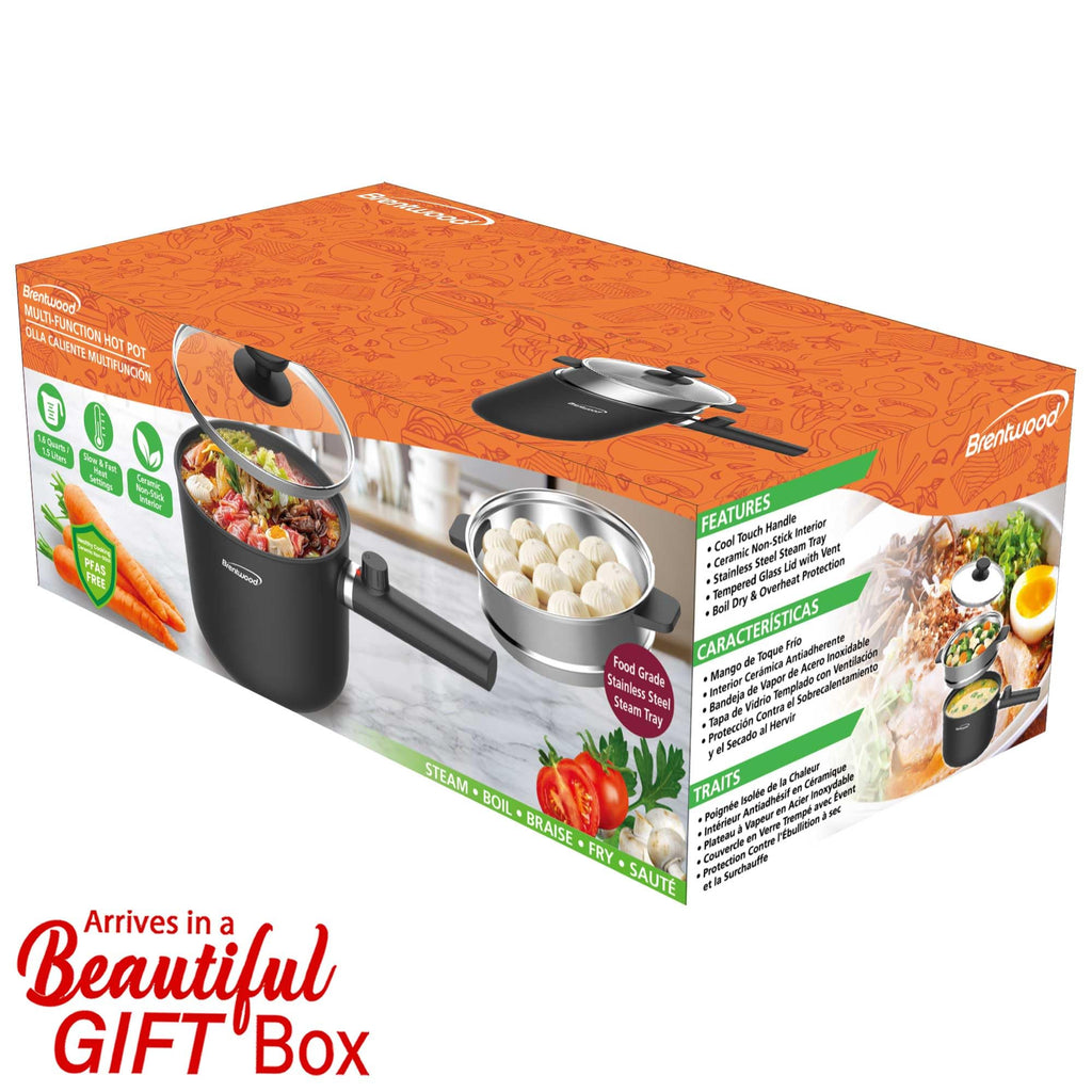 Brentwood HPS-3150BK 1.5L Multi-Function Electric Hot Pot Cooker with Steamer - Black