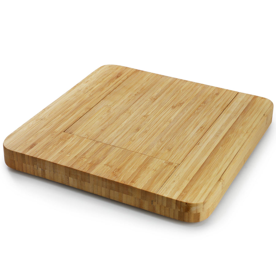 Elama Bamboo Charcuterie Cheese Board with Slide-Out Drawer, Cheese Utensils, Bottle Opener and 3-Piece Mini Chalkboard Set
