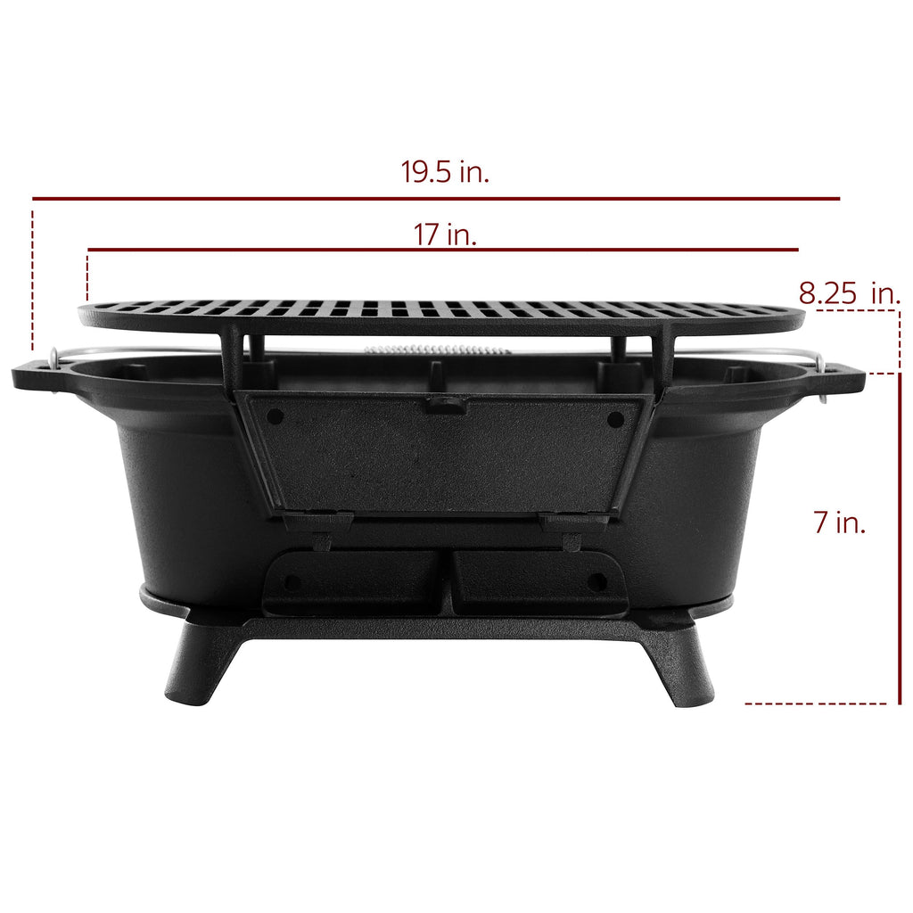 MegaChef Oval Cast Iron Portable Hibachi Charcoal Grill – Black Outdoor Tabletop BBQ for Camping & Tailgating