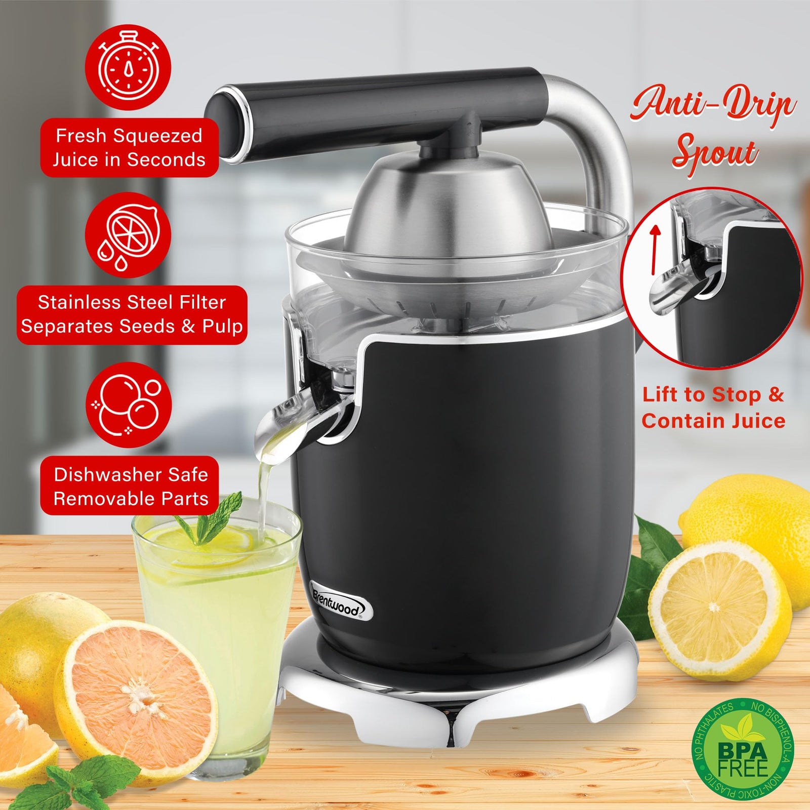 Brentwood J-28BK 200W Electric Citrus Juicer with Ergonomic Lever, Black
