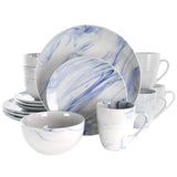 Marble Stoneware Dinnerware Set for 4, 16 Piece with Mugs, Glossy Blue and White, Elama Fine Marble